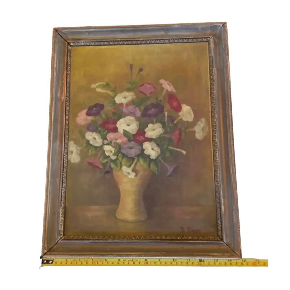 Early 20th Century “Petunias Floral Still Life” Oil Painting on Board Signed - Picture 11 of 13